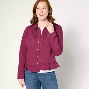 Boho by Kim Gravel Denim Ruffle Jacket Plum Small. NWOT.